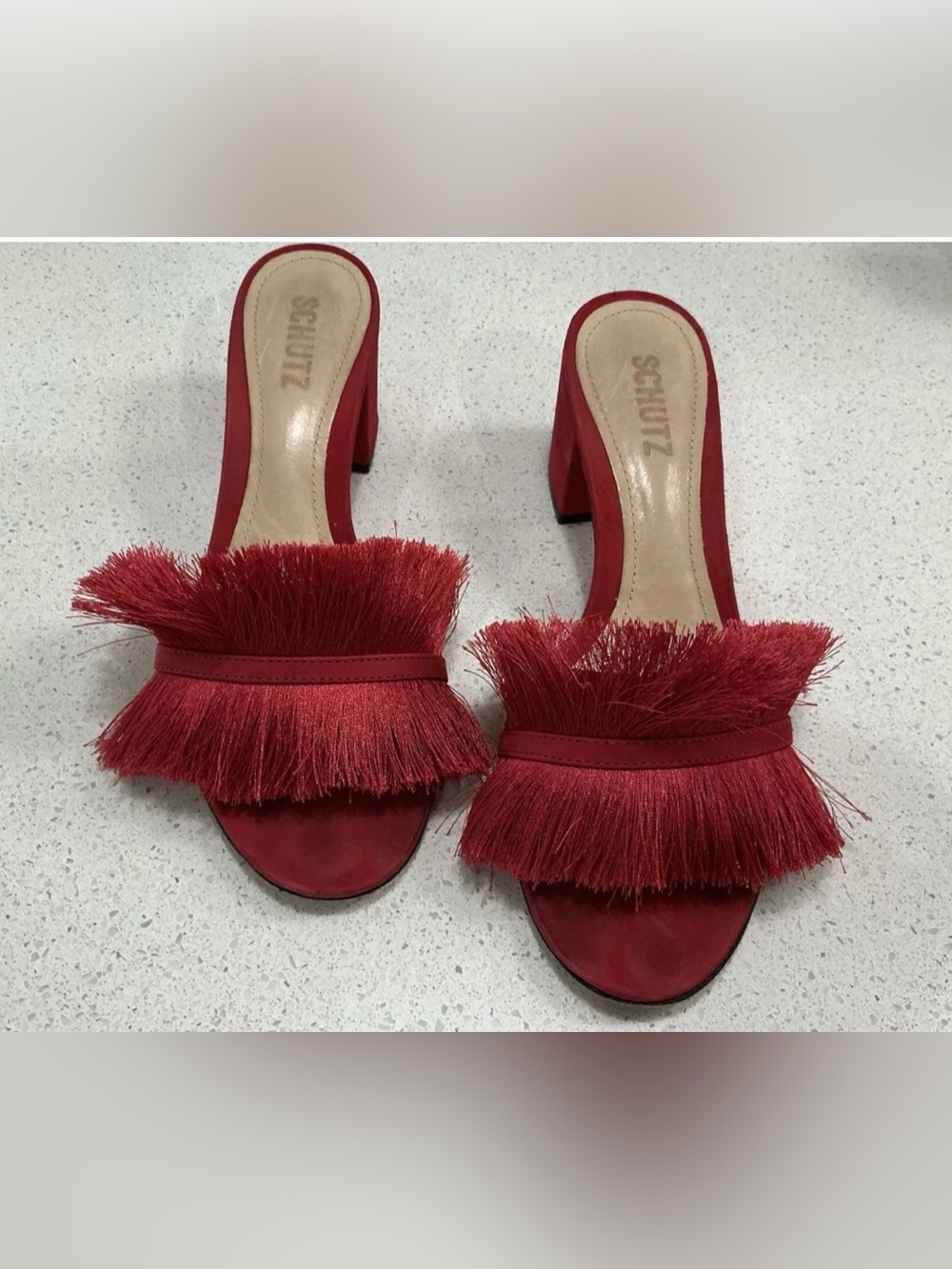 Schutz Heels Shoes Eliza club red Fringe Mules 8.5B peep toe block heel